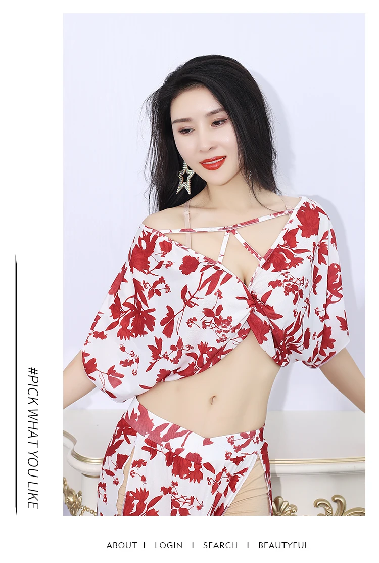 Women Belly dance costume summer new Ms printed water yarn performance suit suit oriental dance performance dance group costume