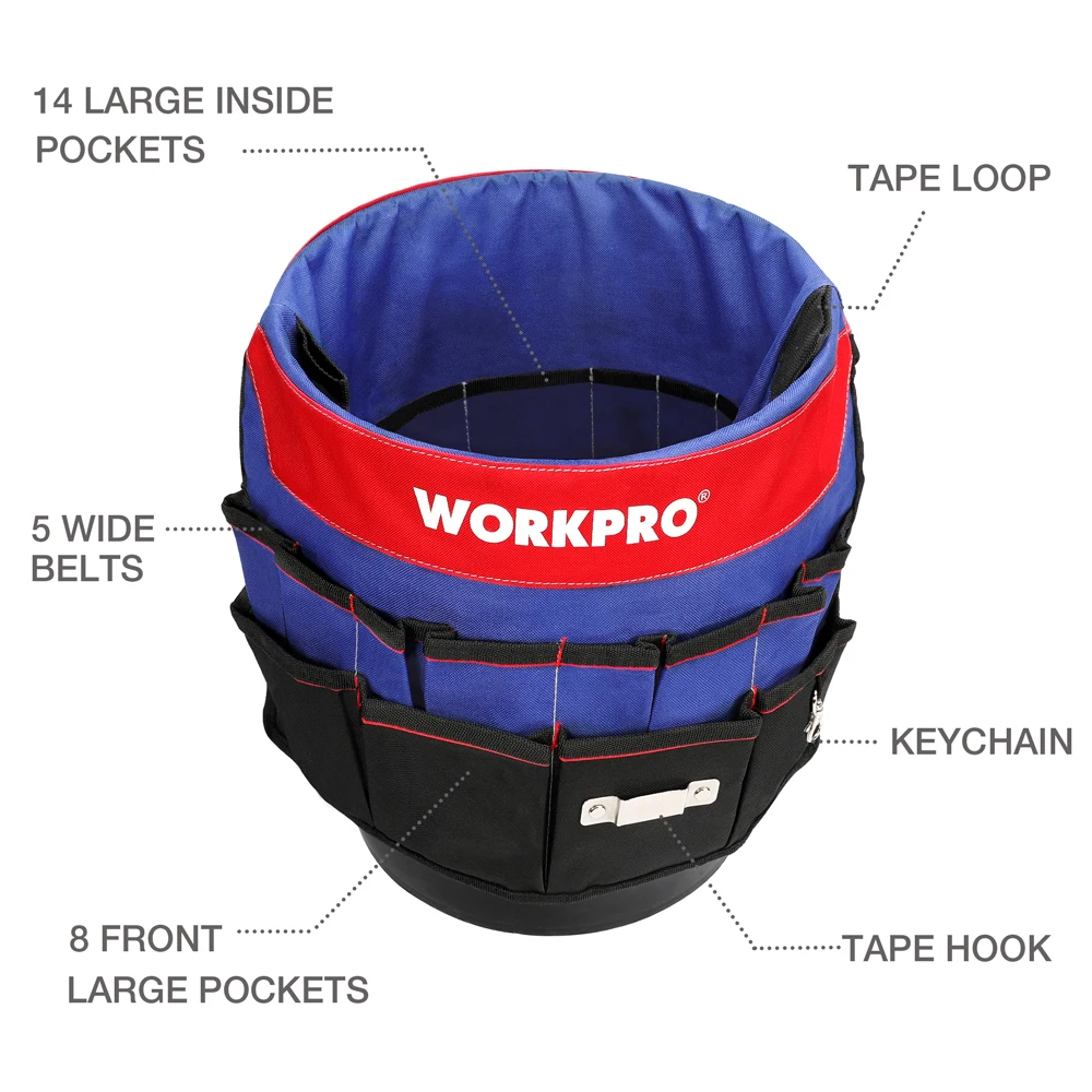 WORKPRO 5 Gallon Bucket Organizer Bucket Tool Bag With 51 Storage Pockets Fits to 3.5-5 Gallon Bucket (Tools&Bucket Excluded)