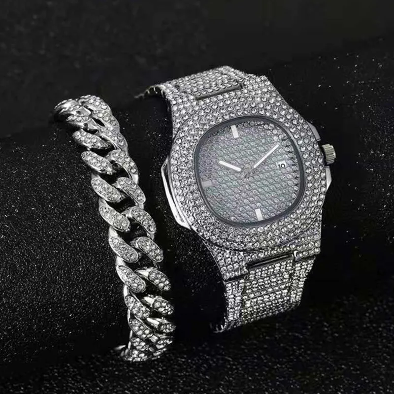 Iced Out Cuban Chain Bracelet Watch for Men Iced Out Watch Jewelry Set for Men Hip Hop Gold Diamond Mens Watch Womans Watch