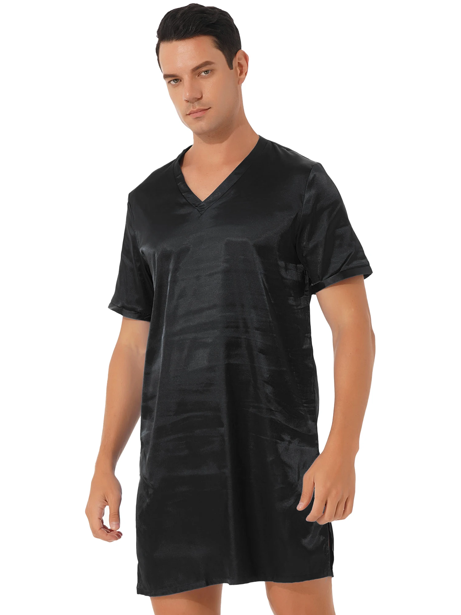 Men's Satin Nightgown V Neck Short Sleeve Sleepwear Homewear Sides Split Pajama Tops Longe Silky Nightwear Solid Nightshirt