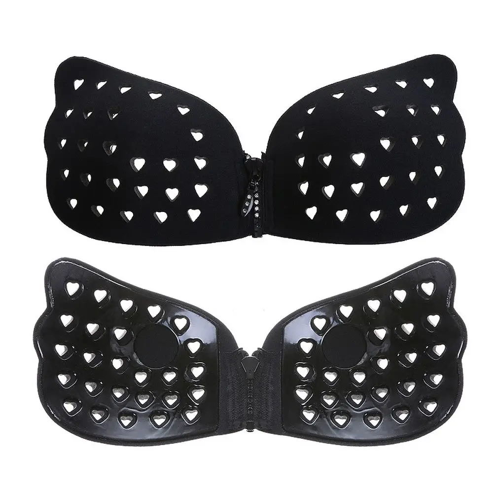 Women Invisible Bra Zipper Chest Patch Heart Perforated Underwear Female Gather Strapless Bra Non-Slip Nipple Patch Reusable