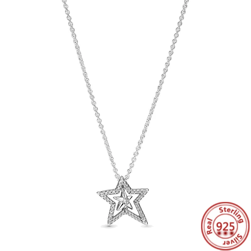 New 925 Sterling Silver Pavé Circle Asymmetric Star Pendant Pantaro Necklace Fit Original Brand Dangle Charm Beads Shiny Jewelry