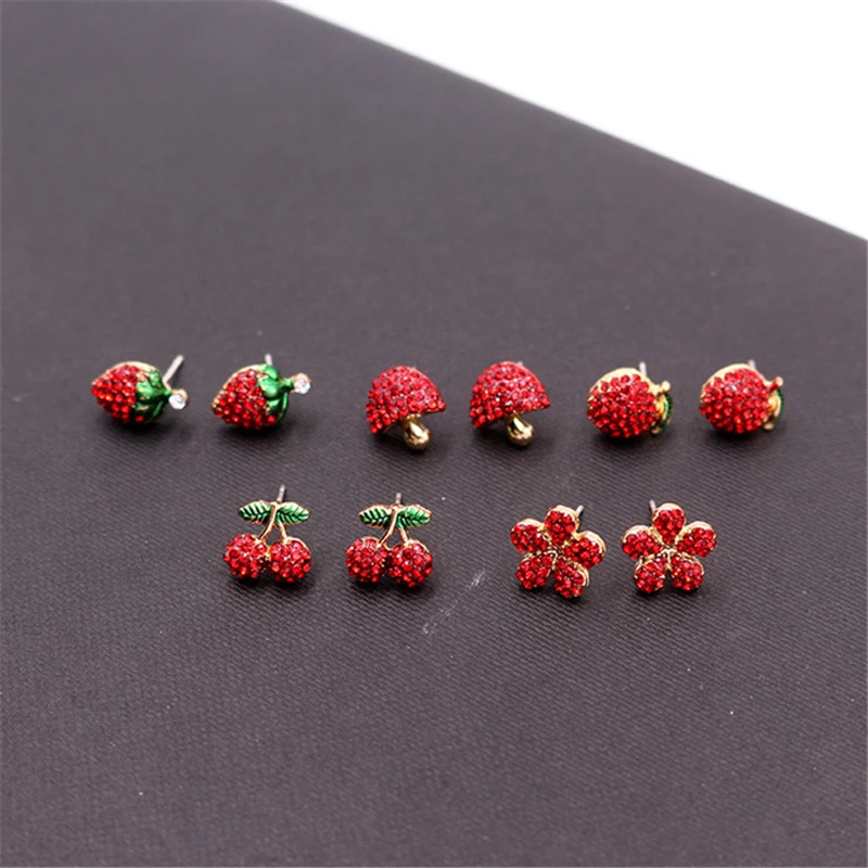 Nieuwe Zoete Aardbei Cherry Apple Fruit Oorbellen Mode Rode Bloemen Oorbellen Vrouwen Delicate Oorbellen Sieraden Groothandel
