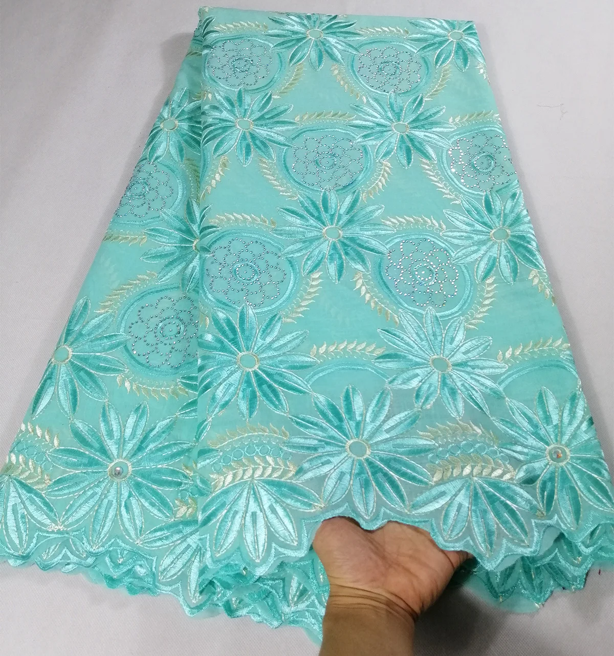 

2020 latest design teal nigerian lace fabric high quality cotton swiss voile lace african french fabric for wedding dress LHX21G