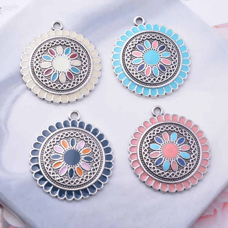 12pcs/lot 30*27mm  Alloy Ancient Silver plated Round Enamel Charms Ear Pendant DIY Bohemian Style  Jewelry Earring Components