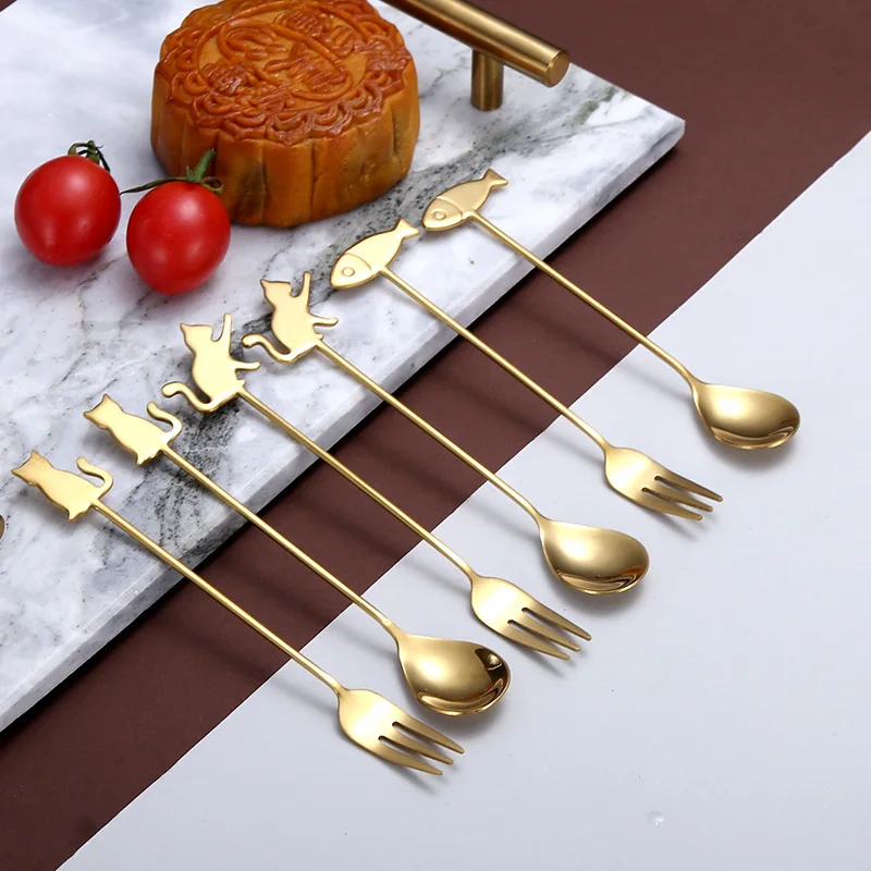 4 Pcs/ Set Fruit Forks 304 Stainless Steel Cat Fish Cartoon Cat Stirring Forks Dessert Fork Set Wedding Gift Tiny Fruit Picks