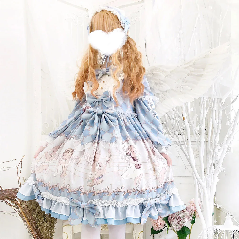 Princess sweet lolita dress retro lace bowknot o-neck lantern sleeve cute printing victorian dress kawaii girl gothic lolita op