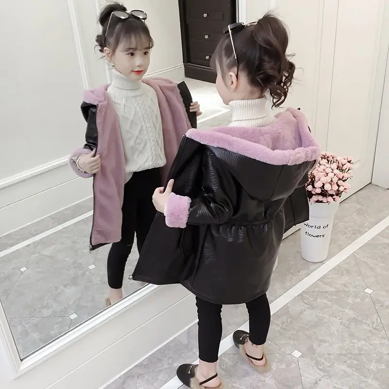 

Girls Velvet PU Leather Coat Fall Winter Foreign Style Girls Mid-Long Fuzzed Thickened Leather Jacket Kids Hooded Outerwear P227