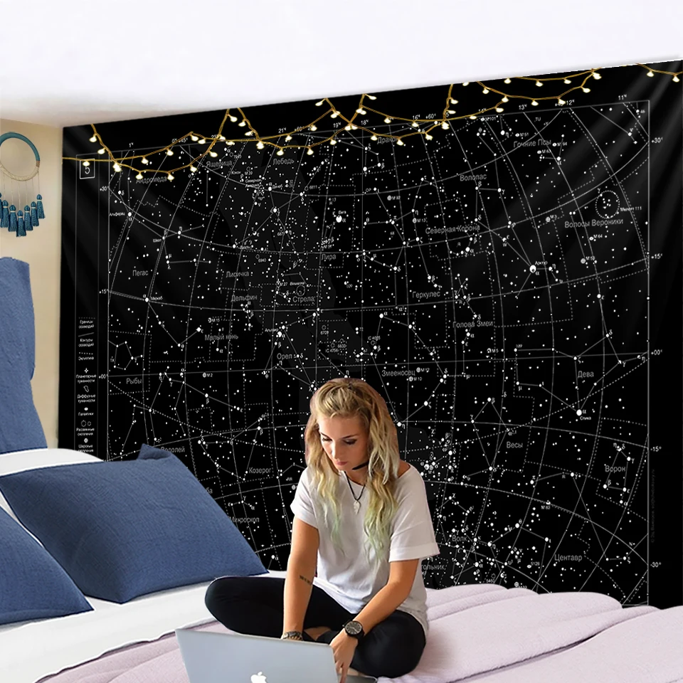 Tapestry Wall Wall Hanging Northern Hemisphere Sky Map Star Constellations Tapestry Black Background Interstellar Sky Wall Decor