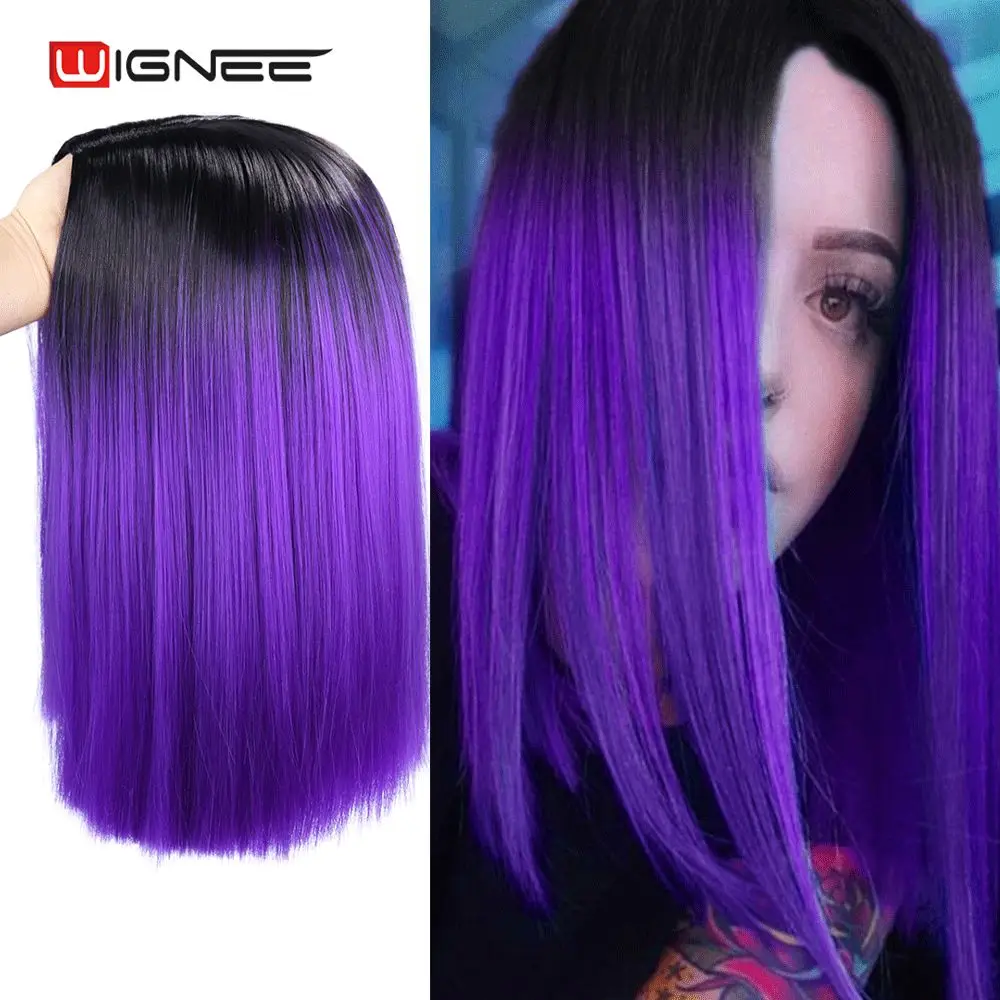 Wignee 2 Tone Ombre Purple Synthetic Wig for Women Middle Part Short Straight Hair High Temperature Cosplay Party Daily Hair Wig