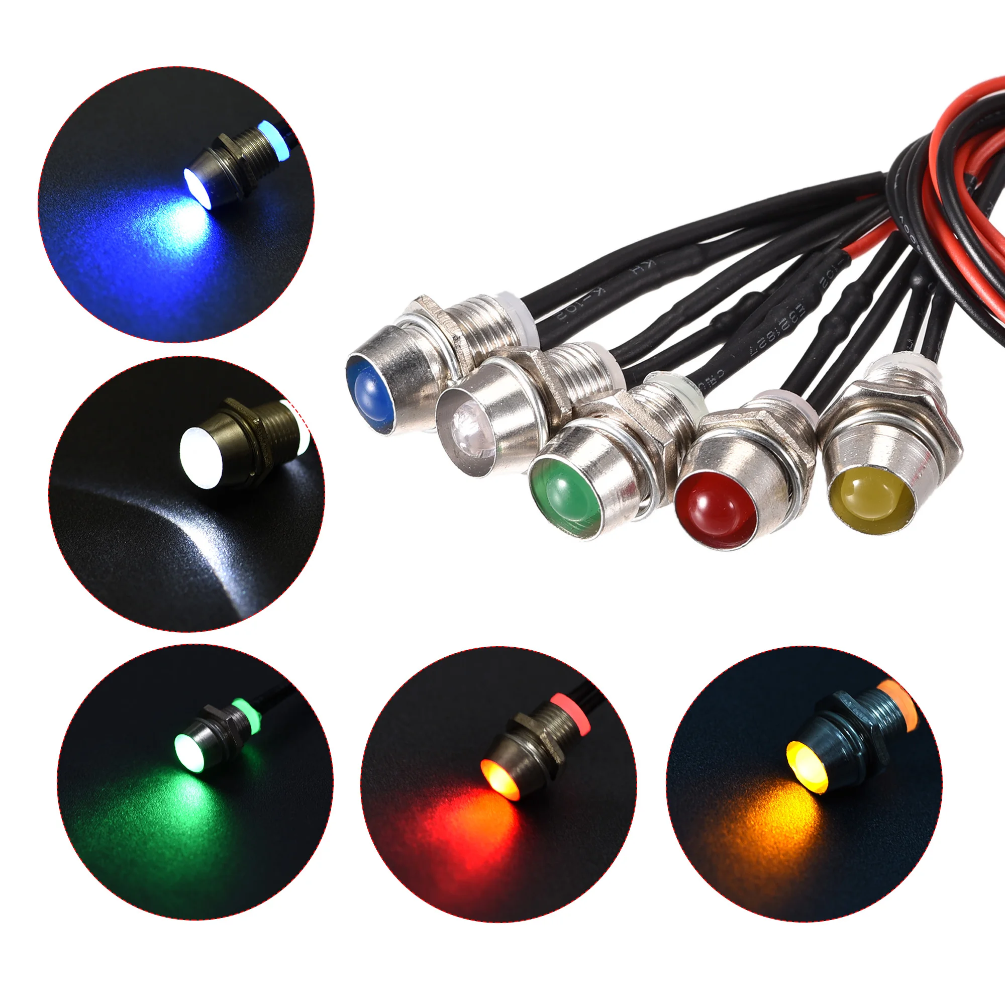 Uxcell-luz indicadora de señalización 12V 8mm, montaje en Panel, rojo, amarillo, azul, verde, blanco, 5 uds.