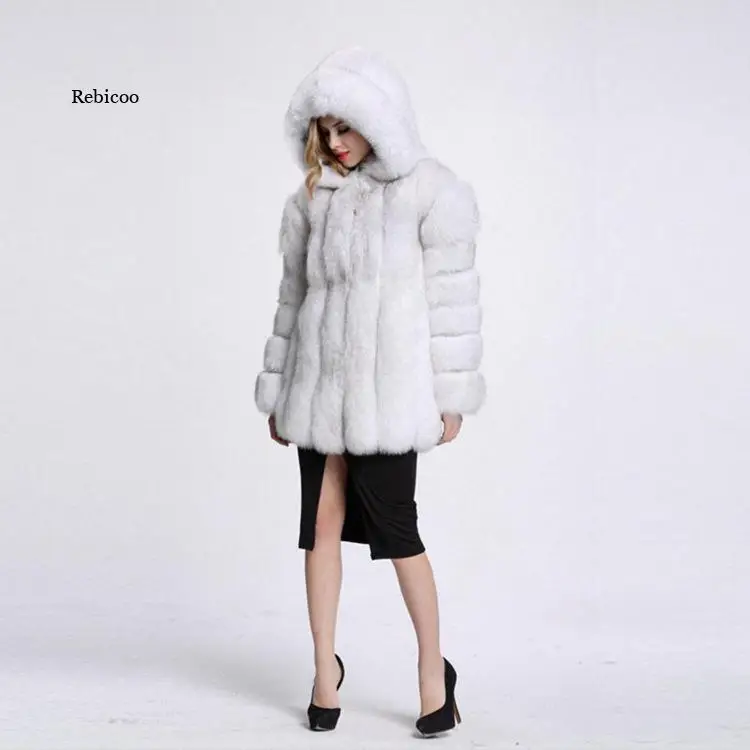 Winter New Luxury Faux Silver Fox Fur Coat Women Hooded Front Zipper Furry Warm Winter Faux Fur Jacket Office Lady Fur Coats