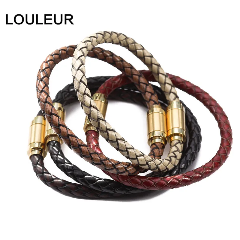 Louleur 2021Black Genuine Braided Leather Bracelet Men Women Stainless Steel Magnetic Clasp Male Bracelets Bangles Punk Jewelry