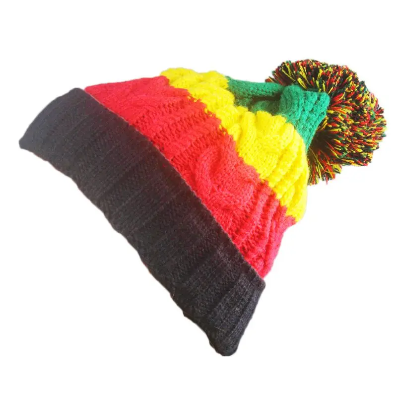 Unisex Winter Braided Knit Pompom Beanie Cap Rainbow Stripes Cable Crochet Warm Stretchy Hip Hop Jamaican Skullies Hat