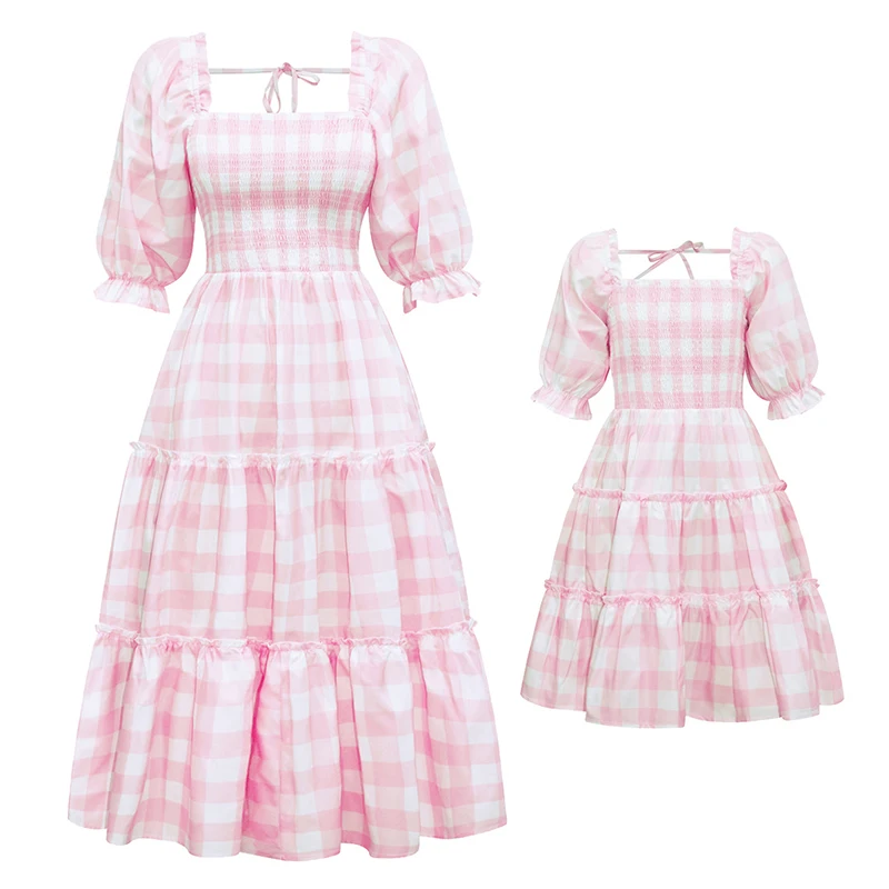 Family Look Mommy and Me Clothes Summe Mother Daughter Matching Dresses Pink Grid Spring Outfits Mom Mum Baby Women Girls Dress