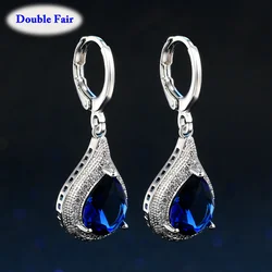 Big Stone Earrings For Women Blue Water Drop Rhinestone Silver Color Vintage Ear Accessories Wedding Jewelry Wholesale DWE824