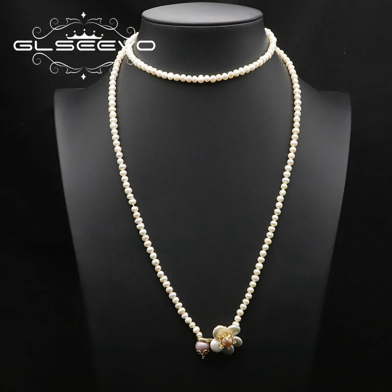 

Glseevo Natural Freshwater Pearl Necklace For Women 2021 Luxury Flower Long Sweater Chains Retro Gifts For Original Women GN0405