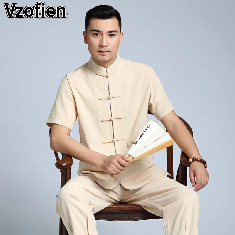 

Chinese Style Cotton Linen Tang Suit Men Short Sleeve Kung Fu Tai Chi Uniform Traditional Hanfu Jacket Coat for Men Outfit