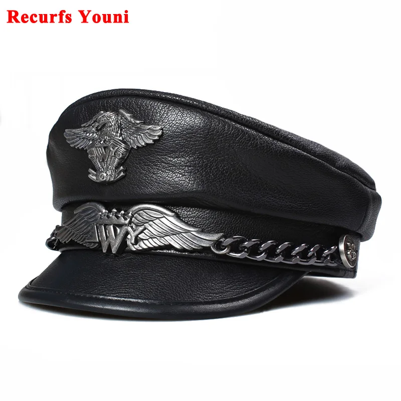 Exclusive German Military Cap Man Genuine Leather Flat Top Hat Korean Fashion Eagle Mark Chain Punk Locomotive Casquette Male