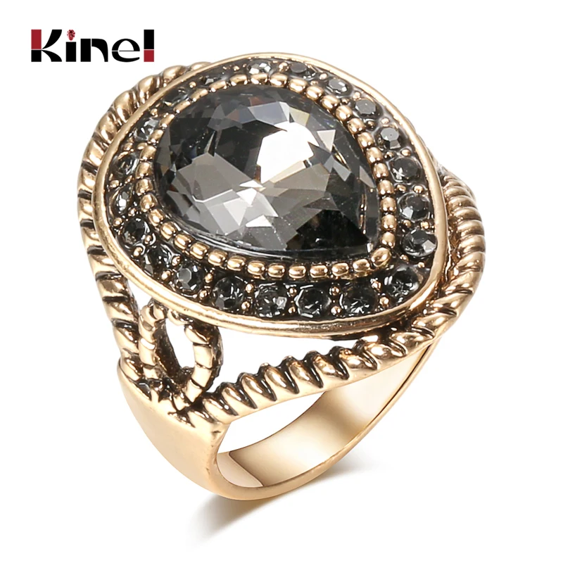 Kinel Vintage Twist Rings for Women Antique Gold Gray Crystal Rings Smooth Loop Classic Ethnic Jewelry Party Accessories