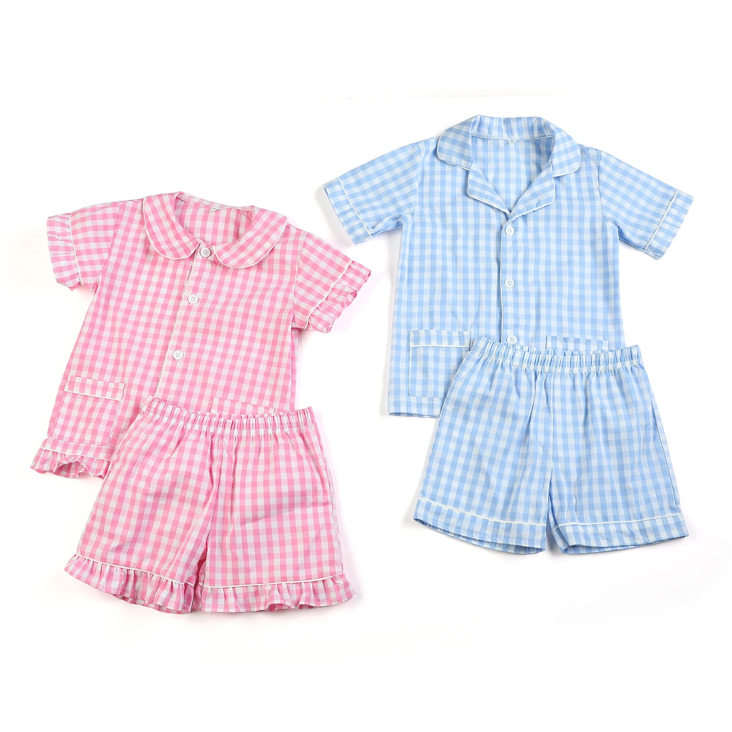 

Summer Clothes 100% Cotton Seersucker Girls Pyjamas Sets Soft Matching Kids Sleepwear Boys Pajamas