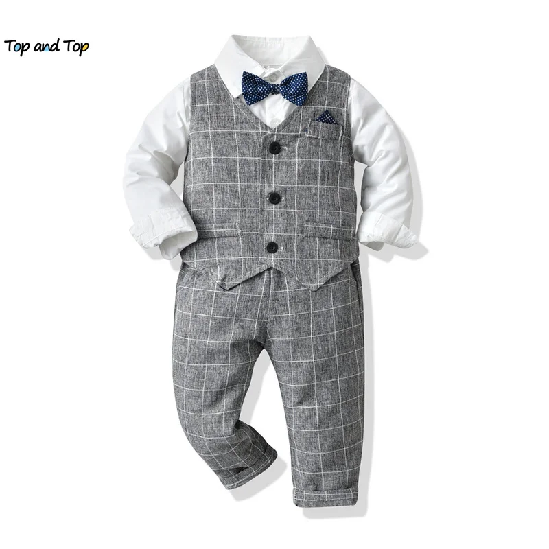 top and top Boys Casual Clothing Sets Kids Formal Outfit Long Sleeve White Bowtie Shirt+Plaid Vest+Pants 3Pcs Boy Suits Wedding