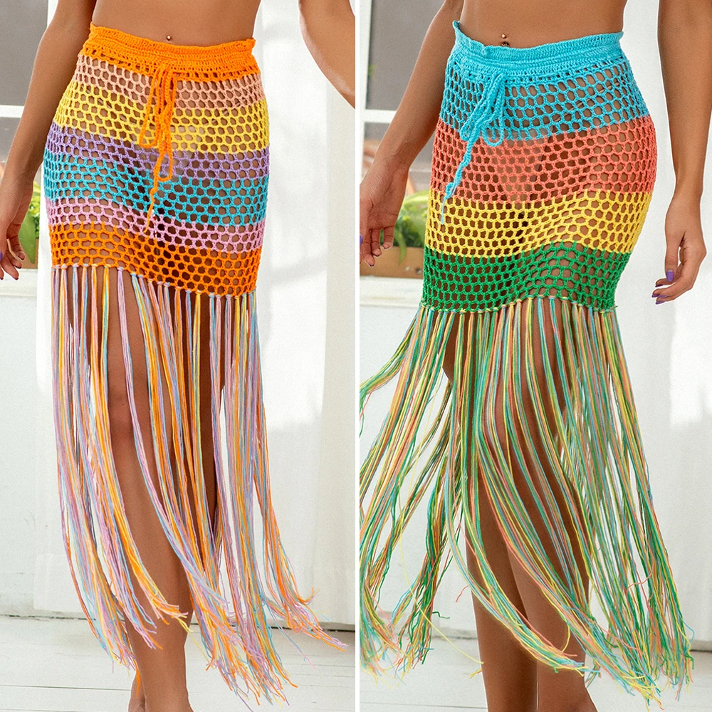 Women\'s Beach Cover-up Fashion Tunic bandage Bathing Suits Crocheted Rainbow Print Hollow Out Fringe bikini Skirt Dress