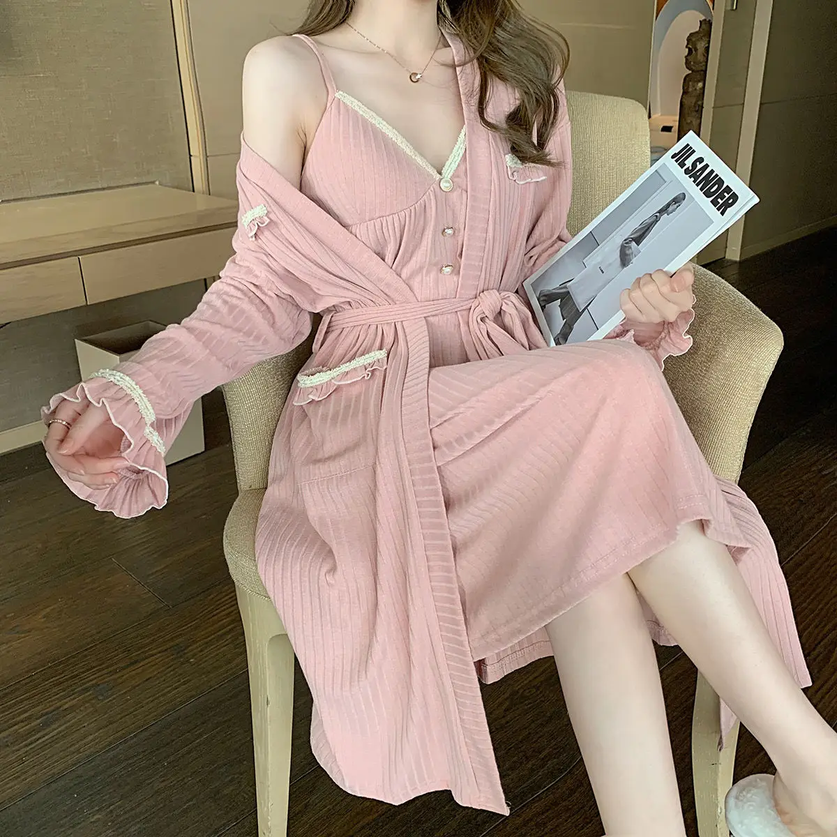 Women Robe Gown Sets Summer Cotton Sexy Pearl-button V-neck Nightdress Lace Ruffles Sweet Elegant Sashes Loose Lounge Cozy Chic