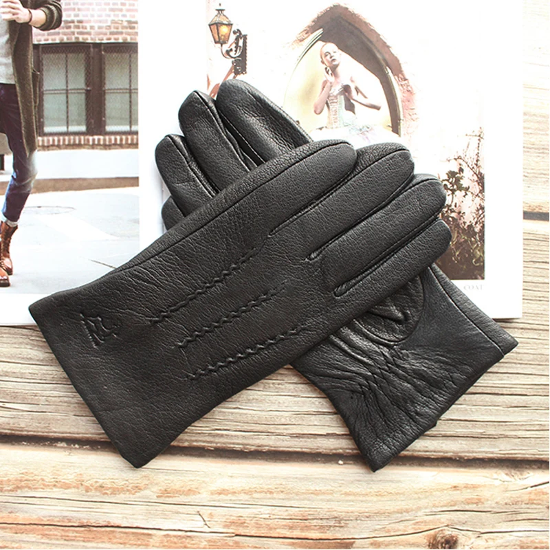 New Men Black Genuine Leather Gloves Fashion Hand-sewn Deerskin Outdoor Cycling Driving Boutique Brief Paragraph Manicure