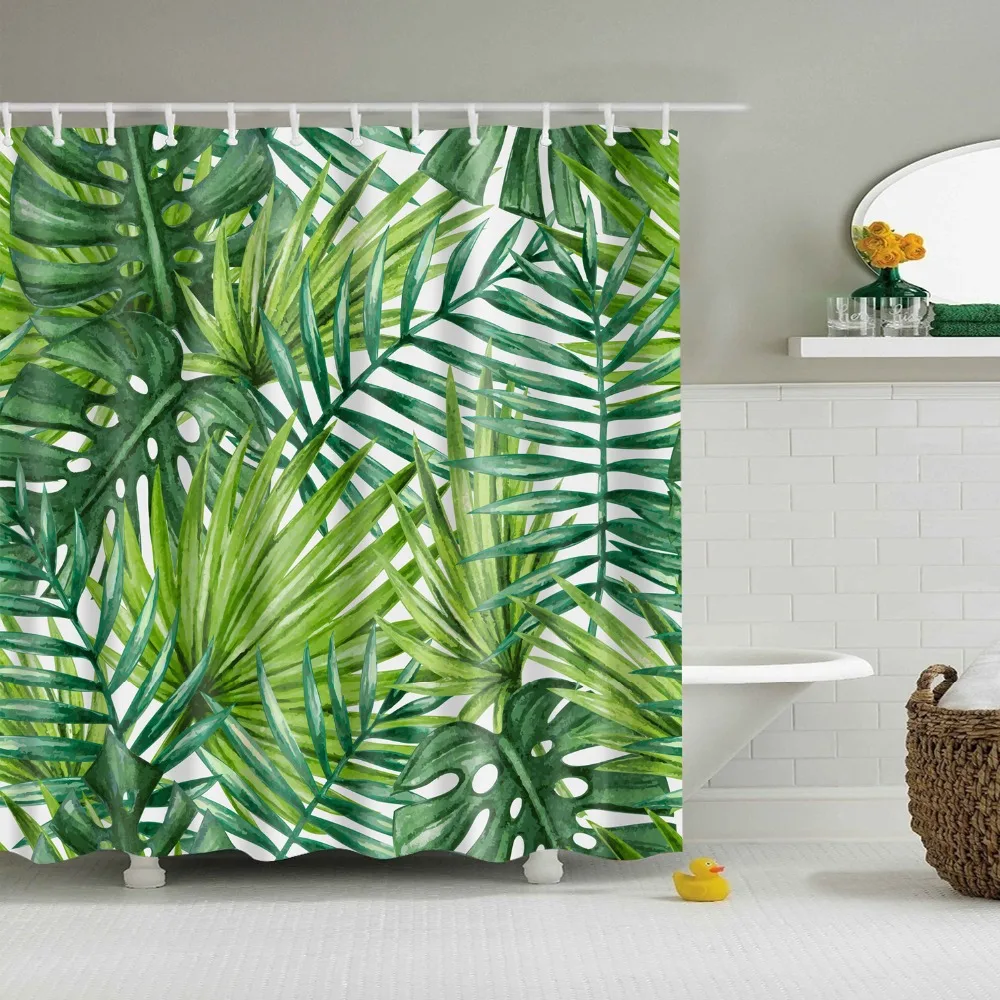 Green Tropical Plants Shower Curtains Bathroom Polyester Waterproof Shower Curtain Leaves Printing Curtains for Bathroom Shower