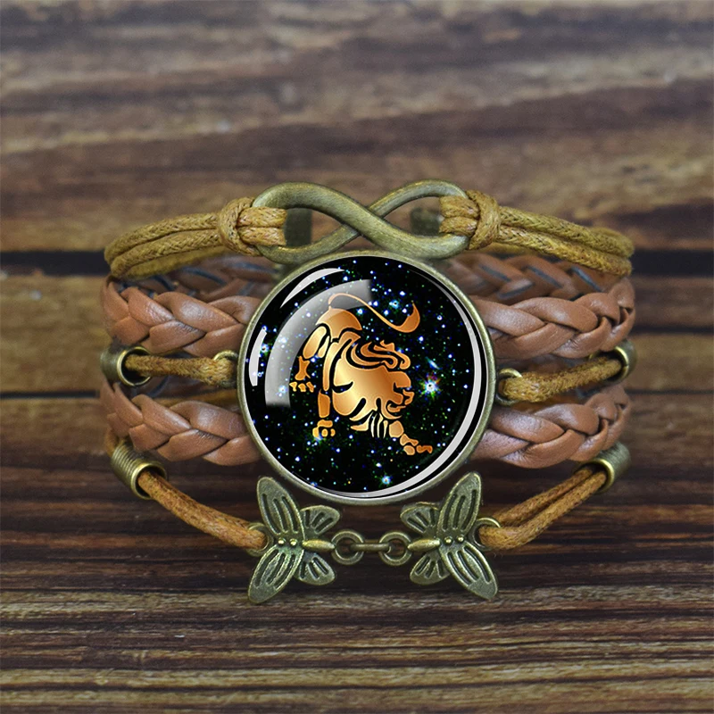 Fashion 12 Zodiac Sign Brown Leather Bracelet Scorpio Leo Aries Crystal Glass Dome Constellation Bracelets Birthday Jewelry