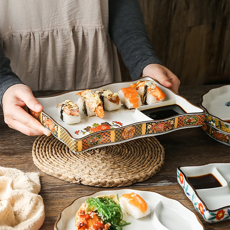 Japanese Dumpling Plate Sushi Plate with Sauce Vinegar Split Snack Dish Ceramic Salad Plate Restaurant Plate Flower Flat Tray