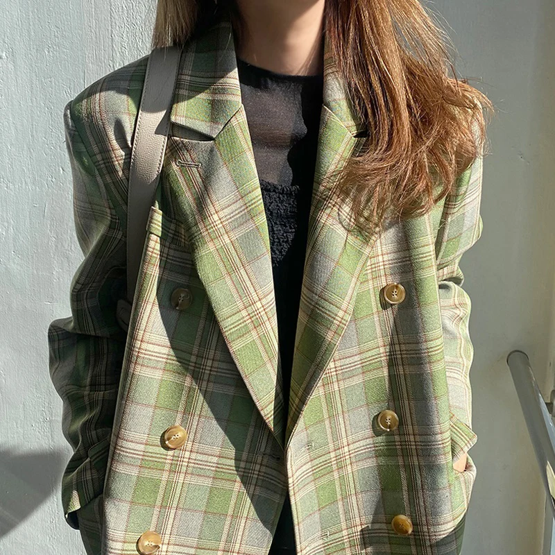 Snordic-Vintage Green Plaid Blazer for Women, Double Breasted Coat, Notched Collar, Leisure Jacket, Outwear Suit, Autumn