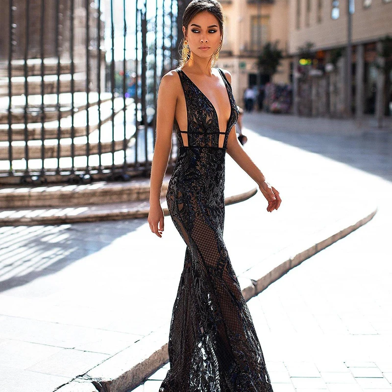 SoDigne Black Mermaid Evening Dress Sexy V Neck Backless Crystal Beaded Formal Prom dresses Special Occasion Party Gowns