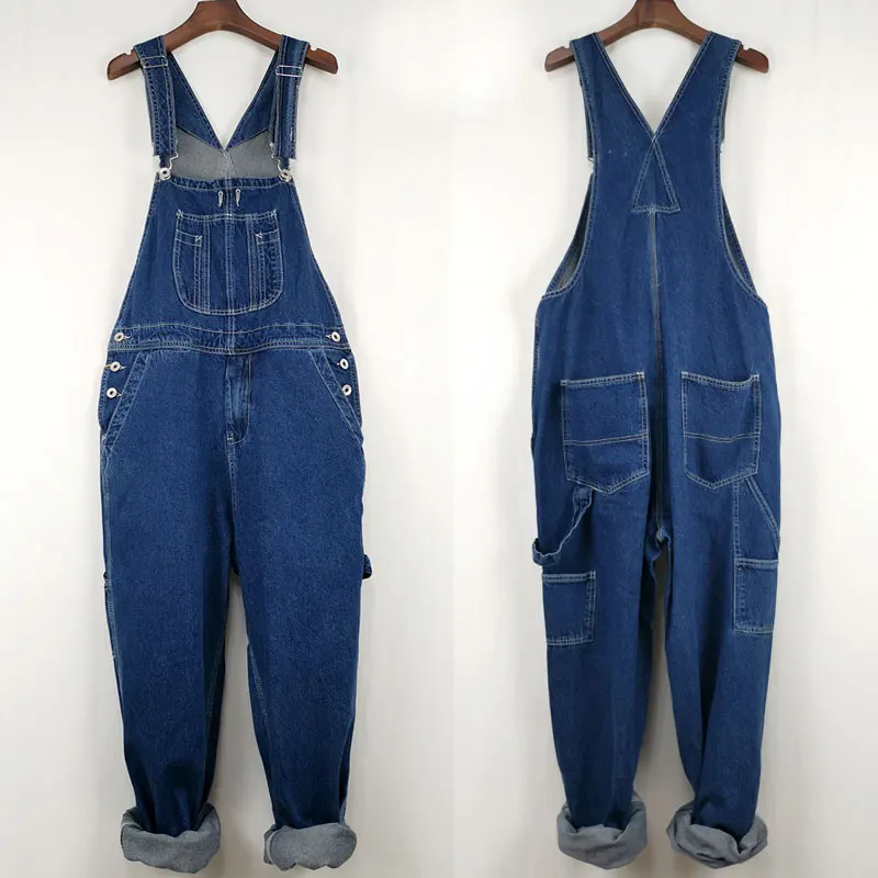 Loose Jeans Men Overalls Bib Denim Jumpsuits Workwear Straight Big Pocket Wide Leg Cargo Pants Retro Blue Trousers Size 28 - 50