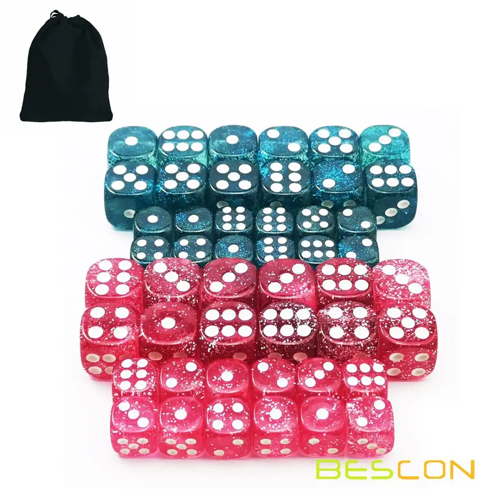 Bescon Ethereal Glitter Dice D6 16MM&12MM 48pcs Set, Game Dice Glitter Rose and Teal in 12MM&16MM Each 12pcs