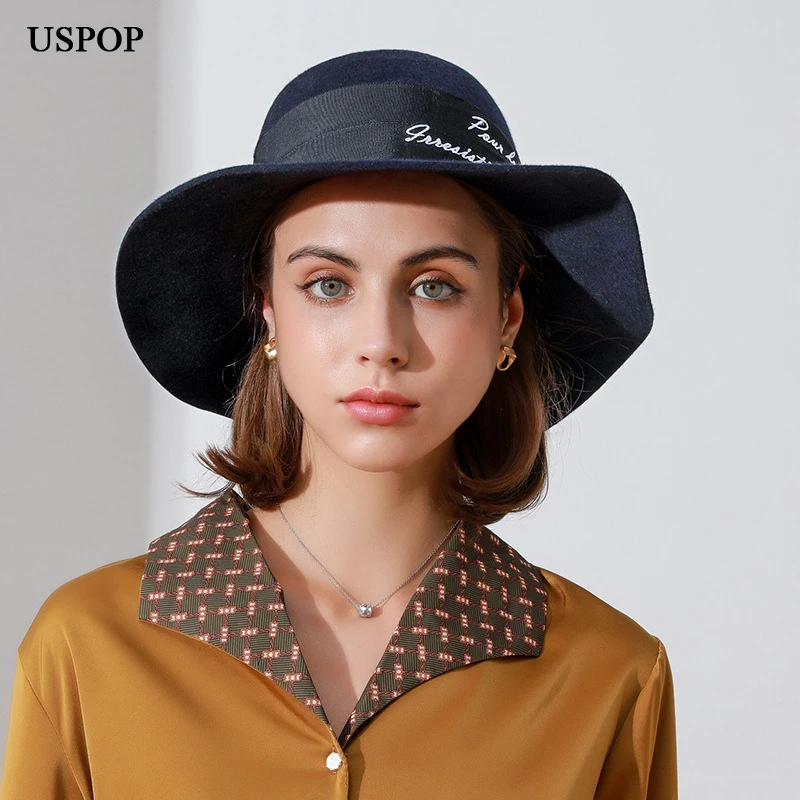 

USPOP Autumn Winter Women Wool Fedoras Female Casual Letter Ribbon Fedora Hat