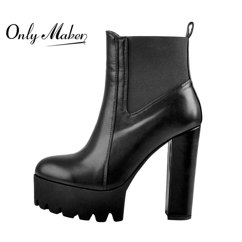 Onlymaker Women Platform Round Toe Black Matten Ankle Booties Thick High Heel Plus Size Handmade Winter Boots