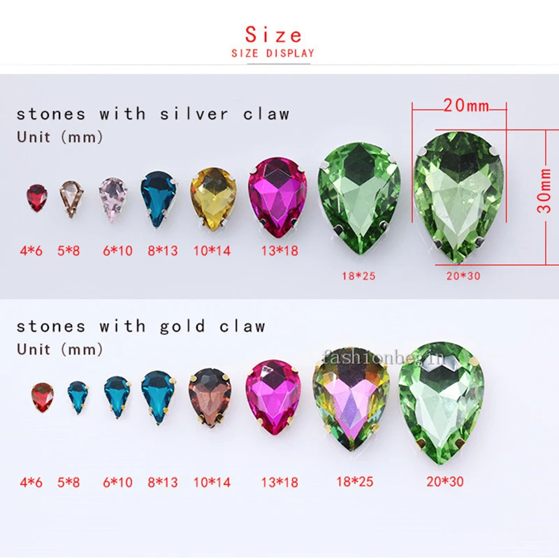 All-sizes 24-Colors Teardrop glass stones sew on crystal rhinestone diamantes silver claw apparel garment DIY sewing accessories