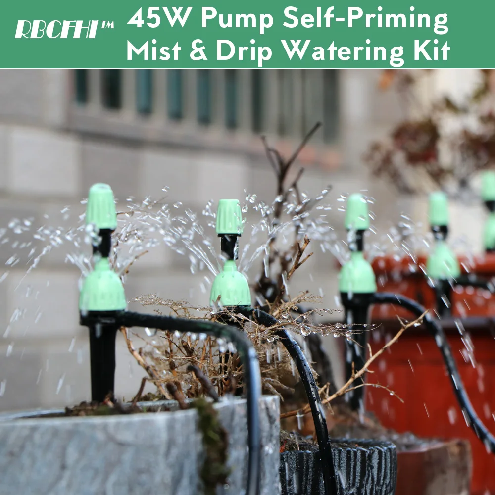 10-25M 45W Pump Self-Priming Watering System Adjustable 2-IN-1 Misting Spray Drippers Garden Balcony Irrigation Kit 110-124V