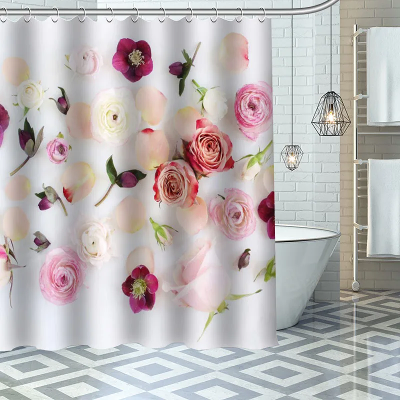 Custom Flower Peony Shower Curtains Waterproof Fabric Cloth Bathroom Decoration Supply Washable Bath Room Curtain