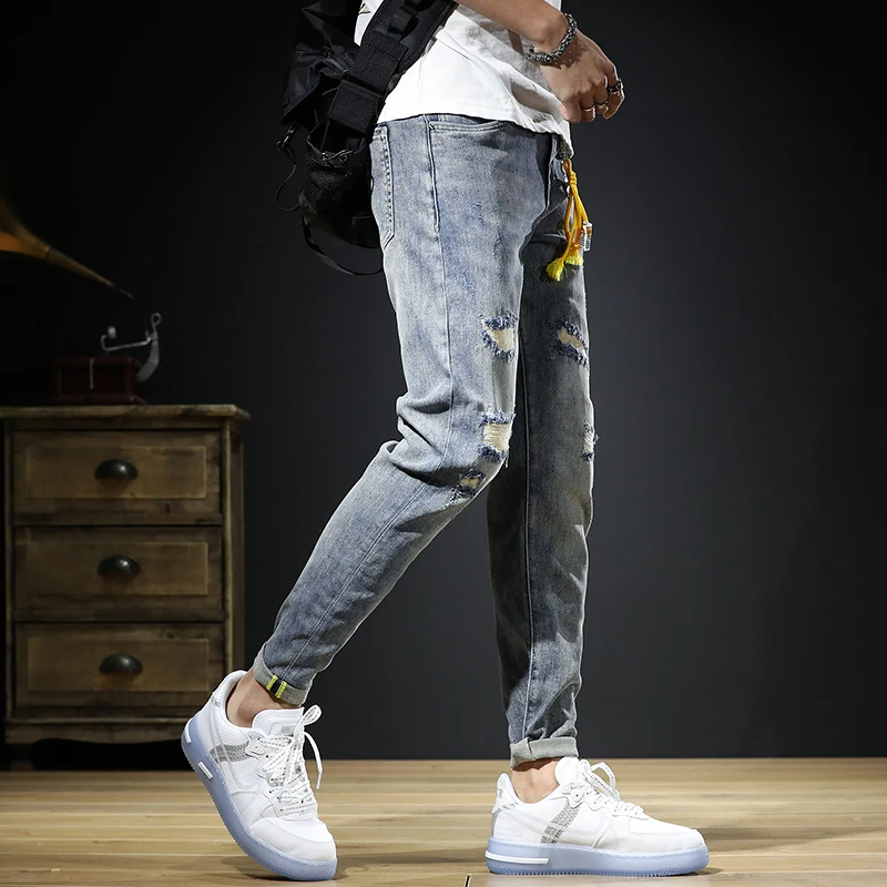 Ripped Jeans Men Summer Thin Light Blue Stretch Mens Jeans Slim Fit Pencil Pants