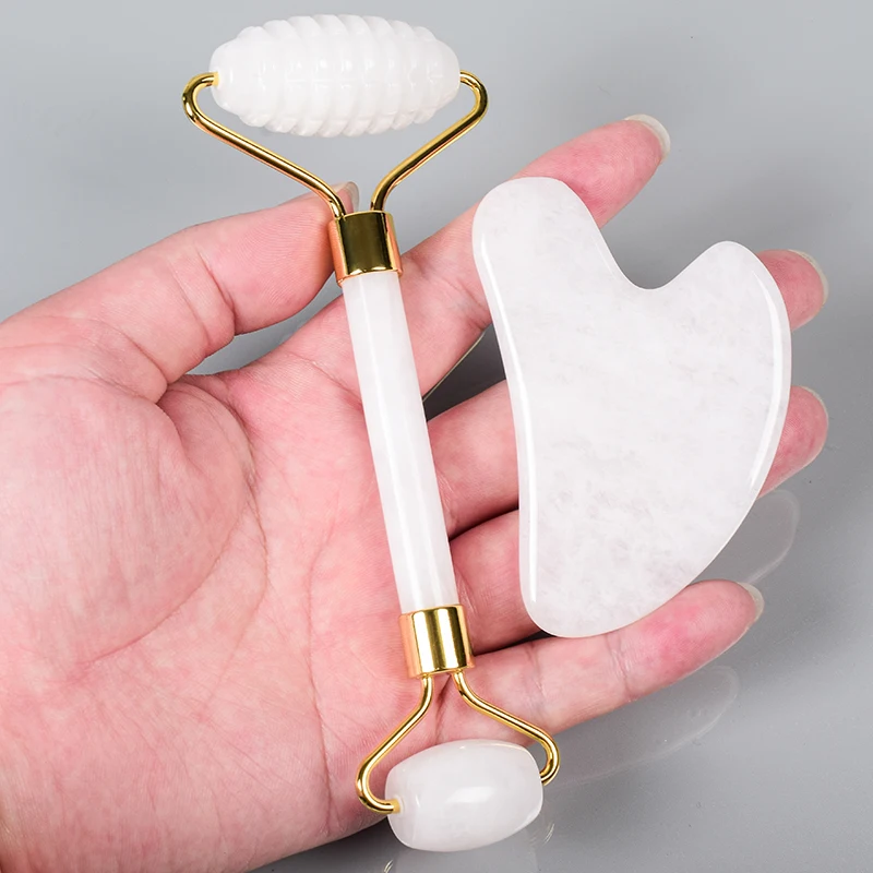 Witte Jade Gezichtsverzorging Massage Zaagtand Roller Gua Sha Tool Set Crystal Mineral Stone Gezondheid Eye Huid Acupunctuur Schoonheid Massager