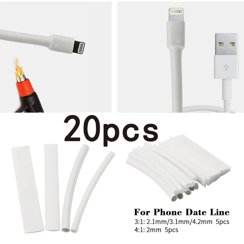 20pcs Heat Shrink Tubing Sleeve White 3/4:1 Wrap Wire For iPhone For iPad For Android For Samsung Data Line Heat shrink Tubes