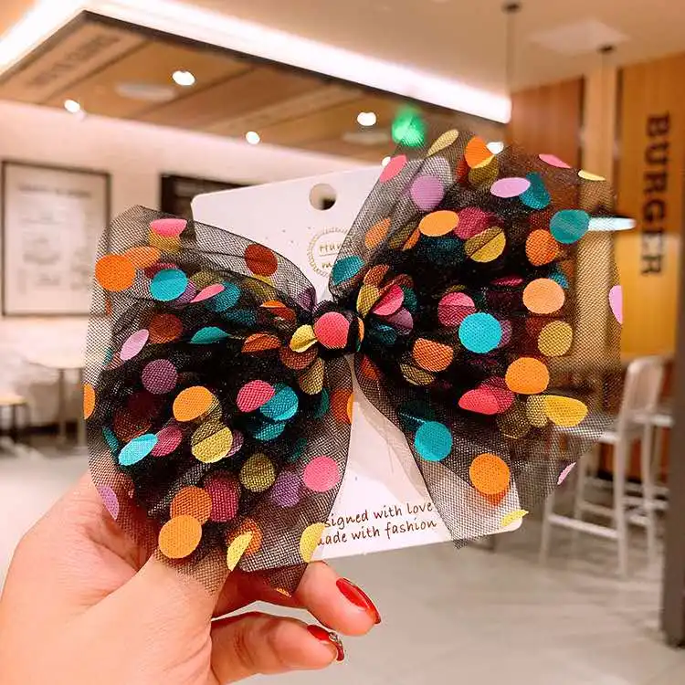 Picture 6: Thumbelina 4.5inch Dot Mesh Princess Hairgrips Multi-layer Hair Bows with Clip Dance Party Bow Hair Clip Girls Hair Accessories