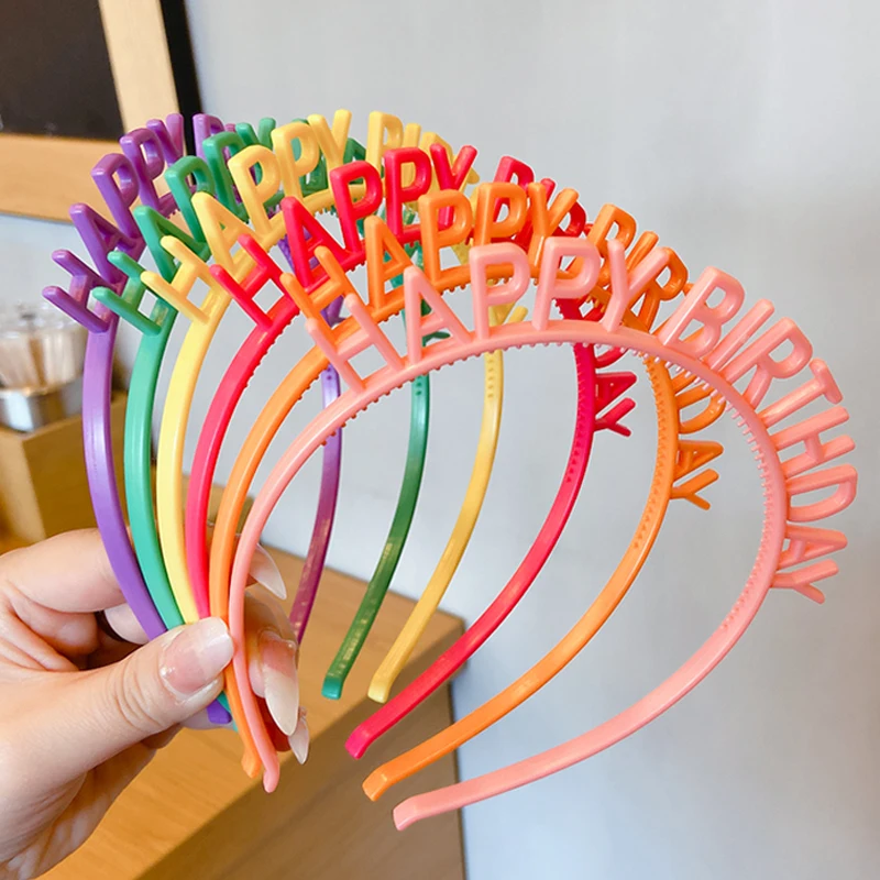 12Pcs Happy Birthday Headbands Kids Women Plastic Headwear Candy Colored Headdress Children Hairband Headpieces Hair Accessories