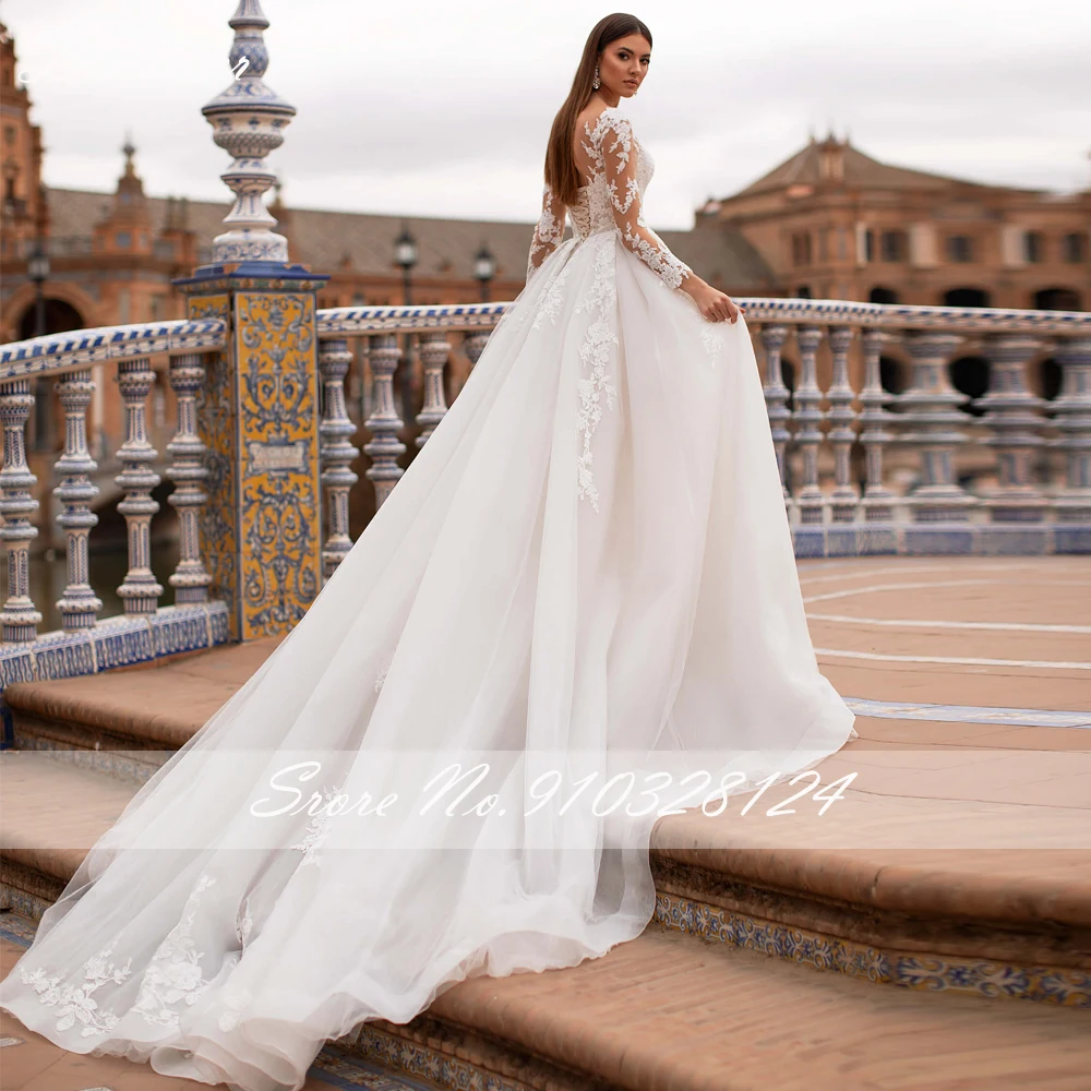 Lhuilier-vestido de novia elegante con cuello redondo, vestido de novia con apliques de encaje, mangas completas, largo hasta el suelo, tren de la capilla