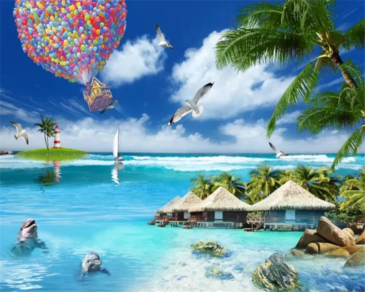 

3d wall cloth silk custom photo mural Sea view balloon dolphin coconut tree home improvement 3d print fabric decoration picture