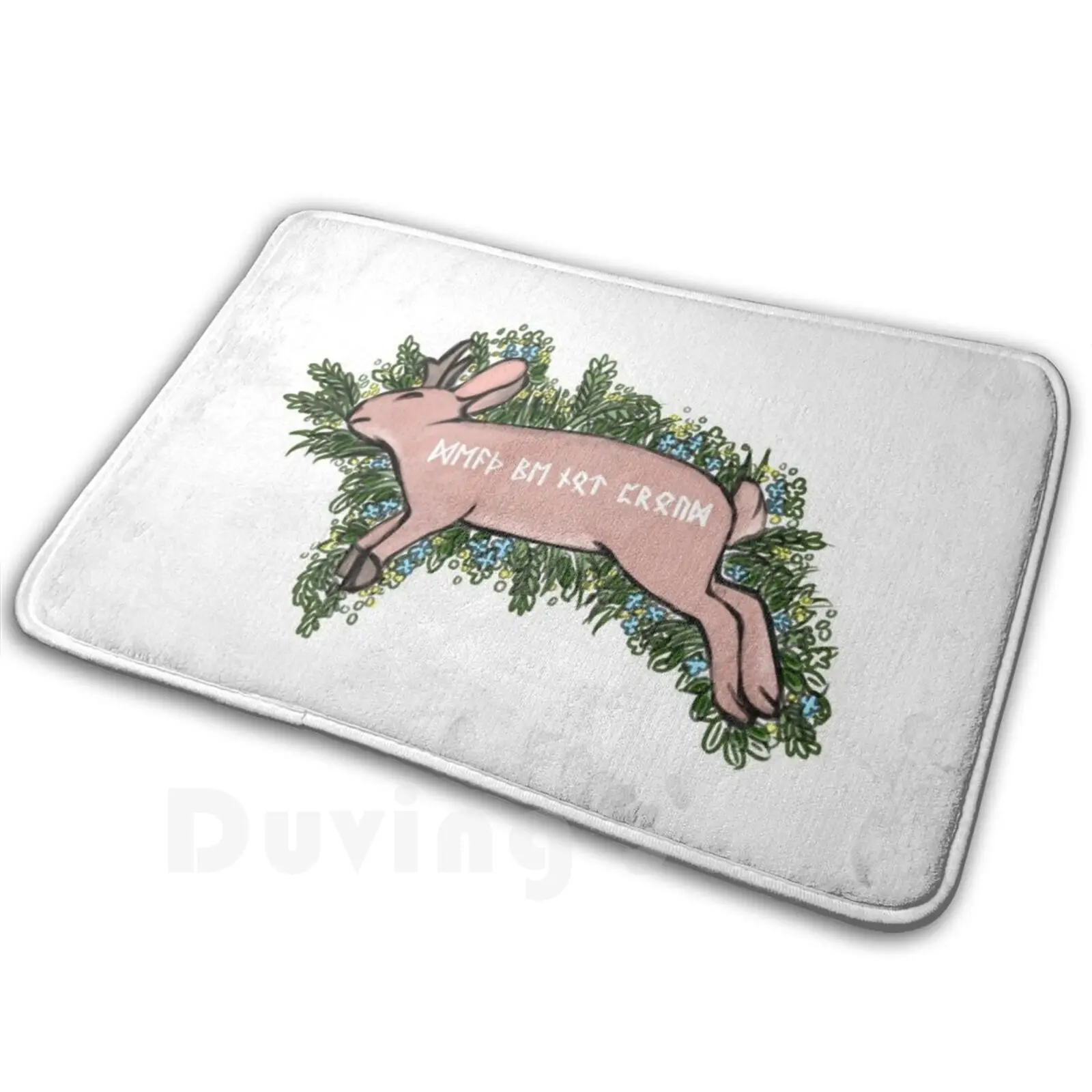Donne Tappeto Tappetino Tappeto Cuscino Morbido Antiscivolo Jackalope Coniglio Morte Fiore Animale Poesia Lepre Corna Zoccoli Rune Futhark