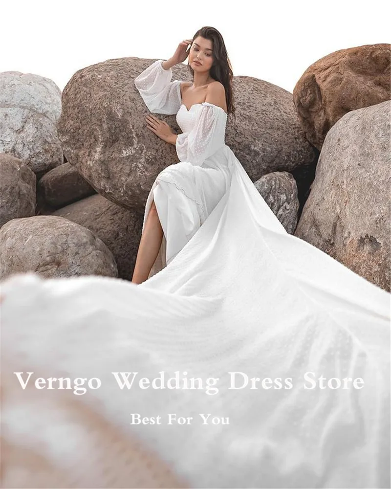 Verngo Vintage A Line Dotted Silk Wedding Dresses Boho Puff Long Sleeves Sweetheart Beach Wedding Gowns 1.5M Train Bridal Gown